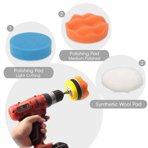 All In One Headlight Restoration Kit With 57 Pcs Polishing And Sanding Set shown with polishing pads and drill attachment.