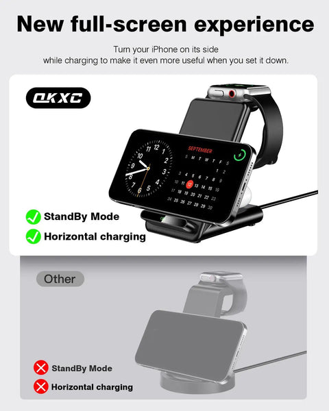 3 In 1 Wireless Charging Dock For Apple Watch Series Ultra Through 3, iPhone 12 Through 17, And AirPods Pro, horizontal mode