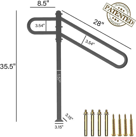 Diagram of Tough As Nails Outdoor Single Post Wrought Iron Stair Rail For 1 To 3 Steps, with measurements and mounting screws