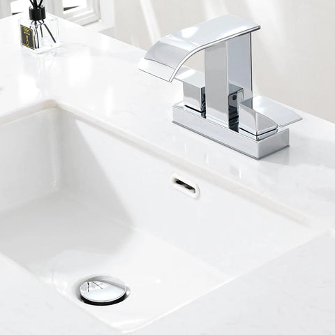 Heavy Duty Chrome Pop Up Bathroom Sink Drain With Overflow Stopper Boasts Smooth Push Glide Action, sleek chrome faucet on marble sink.