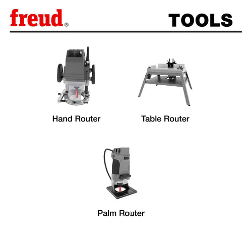 Image showing Freud brand hand router, table router, and palm router against a white background with "TOOLS" text.