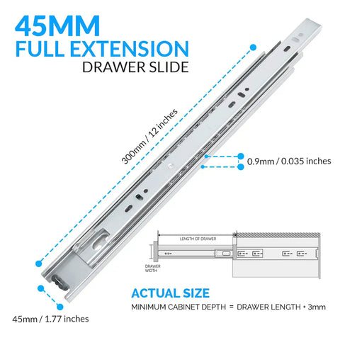 Built Tough 12 Inch Side Mount Drawer Slides One Pair Full Extension Ball Bearing Cabinet Glides showing size and details.