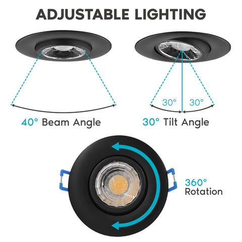 Adjustable features of 4 Pack 3 Inch Adjustable LED Gimbal Recessed Lighting With J Box Dimmable Canless Downlights, beam and tilt angles