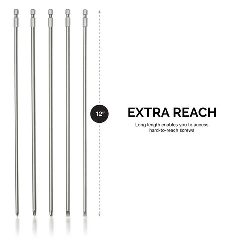 Extra Long 12 Inch Bit Set For Power Drivers 5 Piece Cr V Steel Screwdriver Bits Phillips PH1 PH2 PH3 And Slotted