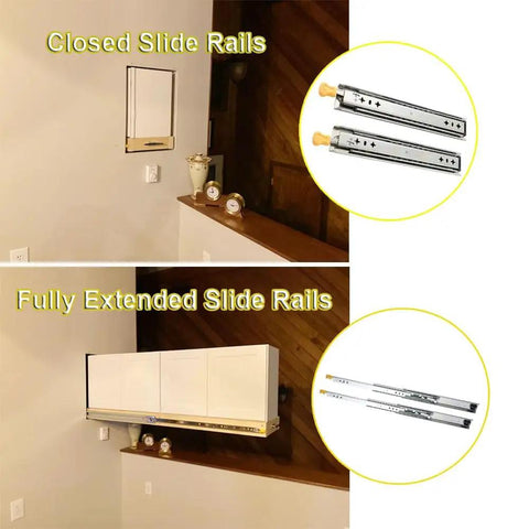 Locking Drawer Slides Set Full Extension 264 Lb Capacity with closed and extended views, 58 inch rustproof glide tracks.