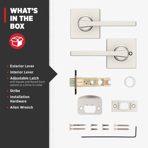 Interior Passage Door Lever For Closet And Hallway Doors, Reversible Non Locking Handle In Satin Nickel Finish With Microban Protection, Easy DIY Install components shown including levers, latch, and hardware.