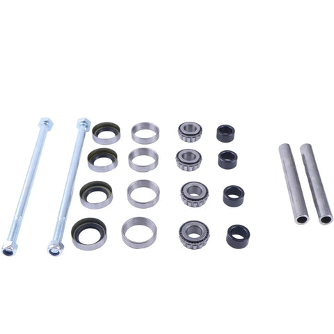Front Wheel Bearing Rebuild Kit With Upgraded Stainless Steel Axles And Spring Loaded Seals For 13x5-6 Front Wheels Compatible With Exmark Scag Toro Mowers 43581 482621 482622 110-8837 1-633579 1-633585 components displayed