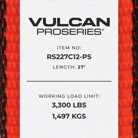 Label detailing Vulcan ProSeries ratchet straps with chain anchors, 27 feet long, 3300 lbs safe working load limit, ultra thick optic orange webbing.