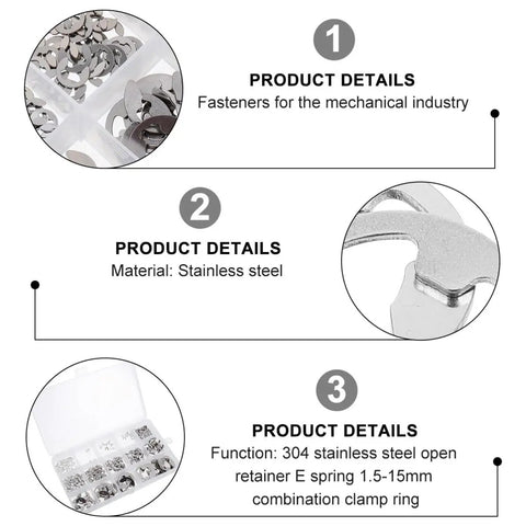 Premium Assorted Circlip Kit 400pcs Stainless Steel Retaining Rings in assorted sizes for mechanical use.