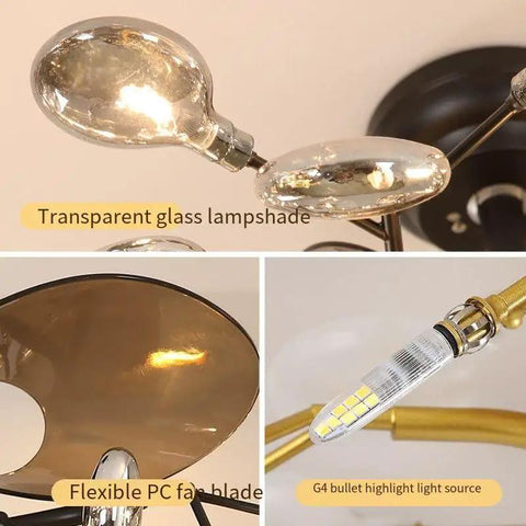 Top Tier Modern Ceiling Fan Light Featuring Durable Glass Shades Equipped With 56 High Output G4 Bulbs Delivering Crisp Tricolor Light And A Slick Firefly Profile To Seriously Level Up Your Living Room Setup Today. Close-up of transparent glass lampshade and flexible PC fan blade.