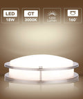 Motion Sensor LED Flush Mount Ceiling Light 12 Inch, 18W 3000K Warm White, shown with specs in a brown background.