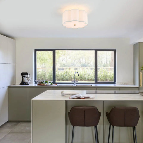 Semi Flush Mount Ceiling Light Fixture With Cream White Fabric Drum Shade in modern kitchen setting