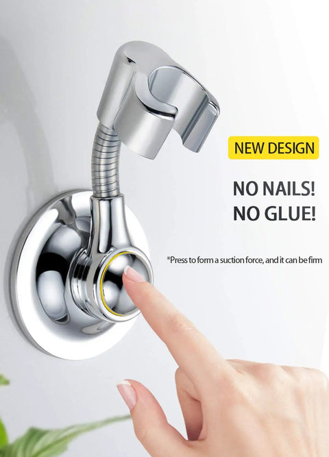 Person installing Shower Head Holder With Suction Cup on smooth wall, showing tool-free setup mechanism.