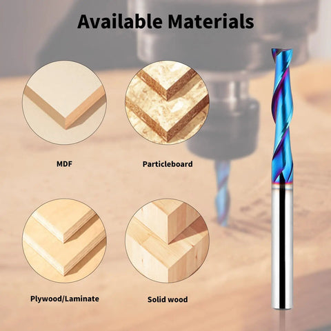5-Piece Upcut Spiral Router Bit Set 1 Quarter Inch Shank, material options MDF Particleboard Plywood Solid Wood