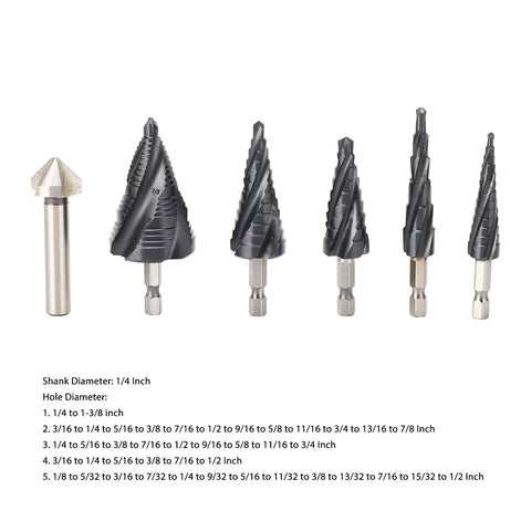 Heavy Duty Step Drill Bit Set With M35 Cobalt Pagoda Bits For Stainless Steel And Metal Plates Including Versatile Multi-Size Kit That Drills Smoothly Through Hard Materials Without Breaking., six-piece set with 1/4 inch shank and step sizes