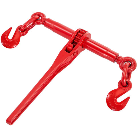 Built Tough Heavy Duty Chain Binder Kit With Swivel G70 Hooks Fits 3/8 To 1/2 Inch Grade Seven Links 9215 Lbs close-up view of red ratchet binder with hooks