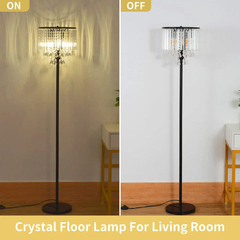 Crystal Floor Lamp With Foot Pedal Dope Modern Standing Light For Living Room Bedroom And Office Black Tall Pole Indoor 3 Light Fixture Elegant Contemporary Decor And Warm Ambience in on and off modes