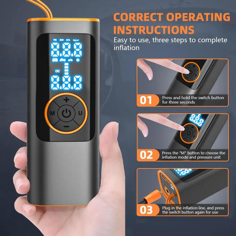 Hot Shot Portable Tire Inflator 150 Psi Air Compressor for Cars, showing digital display and operating instructions steps.