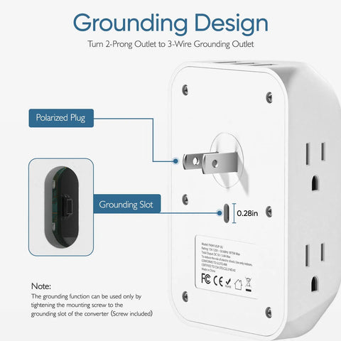 Back view of the 9 In 1 Wall Outlet Splitter with 6 wide spaced outlets and 3 USB ports showing polarization and grounding design.