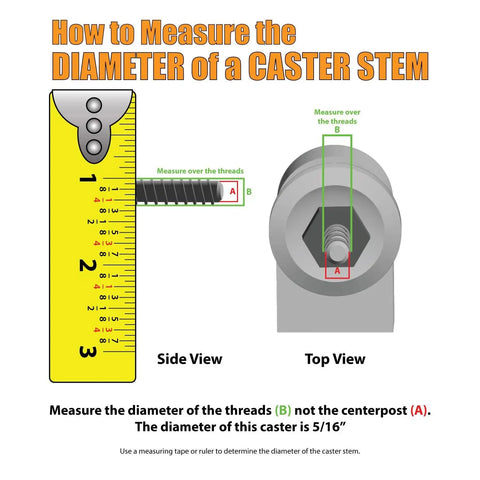 How to measure the diameter of a caster stem with a ruler side and top view illustration. 5/16" diameter measurement instruction.