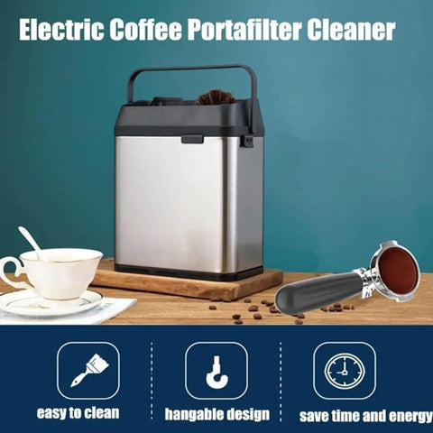 Electric Automatic Portafilter Cleaner And Knock Box With 58mm Mount Packing, stainless steel cleaner with brush.