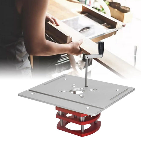 Top Shelf Router Lift Kit For Custom Woodworking Shops featuring a slick manual crank handle on tough aluminum plate.