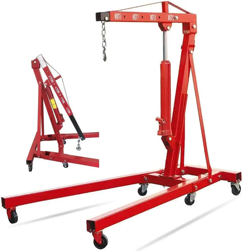 Heavy Duty Two Ton Electric Engine Hoist Rack Featuring Smooth Rolling Caster Wheels For Hassle Free Shop Crane Mobility, red steel design.