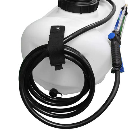 Close-up of 25-Gallon Deluxe UTV and ATV Spot Sprayer with hose strap and adjustable spray gun attached