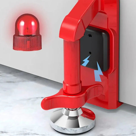 Close-up of Keep Your Spot Locked Up Tight With This Built Tough Portable Door Jammer Stopper in red, securing a door with a hefty base.