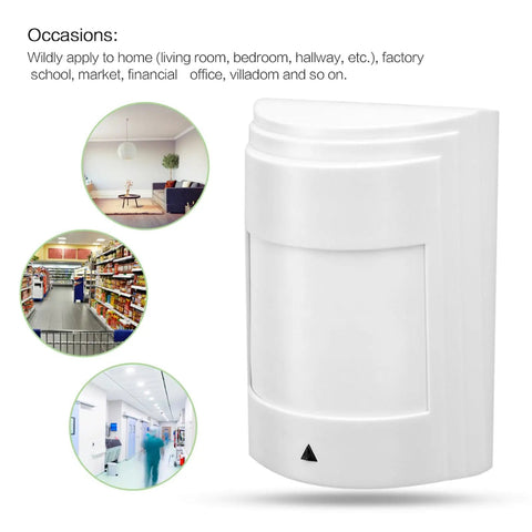 Wired Dual PIR Motion Sensor With 12V High Decibel Infrared Alarm For Top Notch Home Security Setup To Keep Your Spot Locked Down Tight Through Bedrooms And Living Rooms, shown next to various room settings.