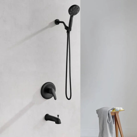 Rock Solid Matte Black Tub And Shower Faucet Set With Internal Valve Six Spray Handheld Head For Smooth Bathroom Upgrades And Hassle Free Daily Use against a light wall.