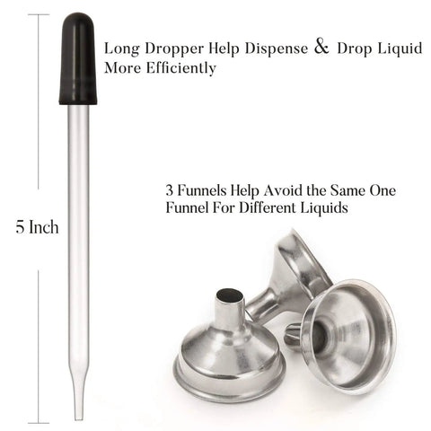 Long graduated pipette with three stainless steel funnels for Twelve Knockout Amber Glass Dropper Bottles With Three Slick Stainless Steel Funnels And One Long Graduated Pipette Plus Twenty Four Waterproof Labels For Essential Oils And Hassle Free Beauty Blends.
