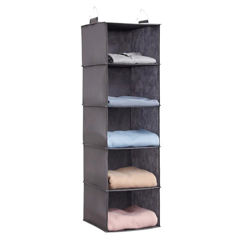 Five Tier Hanging Closet Organizer With Multi Compartment Wardrobe Storage Bin For Sweaters Pants And Towels with folded clothes in grey fabric.