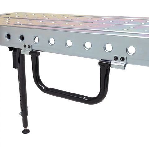 Close-up of Built Rugged Foldable Welding And Fixturing Table Packing 500 Pound Capacity showing zinc plated top and support handle.