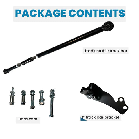 Front Adjustable Track Bar For 0 To 4 Inch Lift Dodge Ram 1500 4X4 And 2500 3500 4WD Heavy Duty Steel With Relocation Bracket Powder Coated Gloss Black For Durability And Smooth Steering On Off Road Rigs. package contents with track bar, bracket and hardware