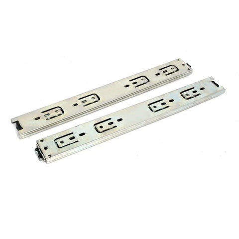 Pair of 13-Inch Three-Section Side Mount Telescoping Drawer Slides With Ball Bearing Dampers in silver tone metal, cabinet hardware.