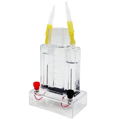 Ultimate Water Electrolyzer Kit For Science Class, plastic and metal design, hydrogen and oxygen production visible with yellow caps