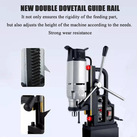 Detailed view of the new double dovetail guide rail on a Huge 1200 Watt Magnetic Drill Press for precise height adjustment.