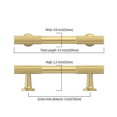 Two Pack Three Inch Brushed Gold Cabinet Pulls Heavy Duty Solid Metal Kitchen Cabinet Handles dimension diagram