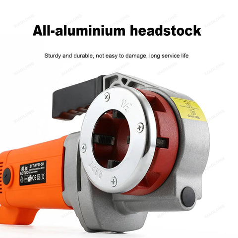 Heavy Duty Electric Pipe Threader Machine Featuring Solid Copper Motor And Six Precision Die Heads For No Sweat Plumbing Cutting And Threading On Water Or Gas Line Systems Anywhere with all-aluminium headstock.
