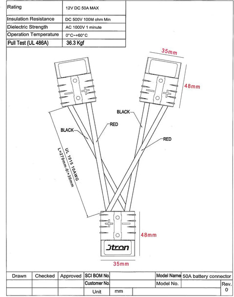 Diagram of Heavy Duty Forklift Charging Plug With 50 Amp Split Connector And 10 Awg Cable, showing dimensions and specifications.