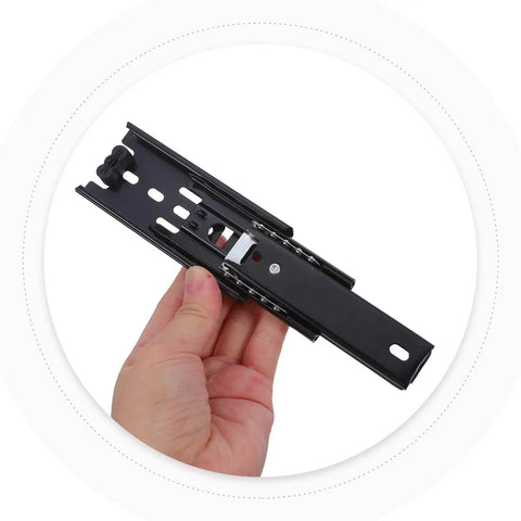 Heavy Duty Silent Telescoping Drawer Slides 3 Section Ball Bearing Bottom Mount Black 2 Pack, black steel slide held in hand