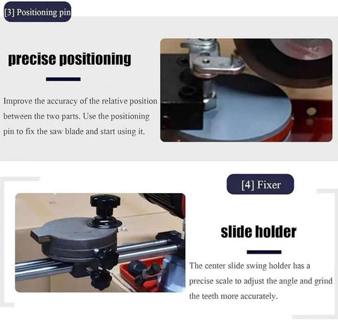Professional Grade Circular Saw Blade Sharpener With Adjustable Rotary Mill Grinding Attachment shows positioning pin and slide holder for precise use.