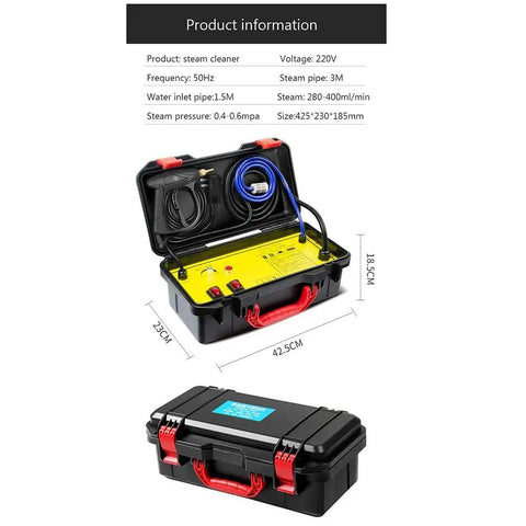 Piudoiliy 3200W High Pressure Steam Cleaner in a black and red portable case, showcasing hose and components for deep cleaning.