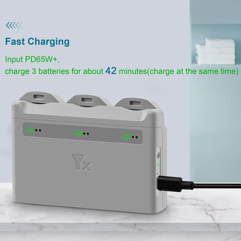 Two Way Charging Hub For Neo Drone Battery Station With Fast Charger Case And Cable, Charges Three Intelligent Flight Batteries In About 42 Minutes, PD65W Power Hub With Battery Pass Through For Goggles And Phones, Dual Charging Modes on white surface