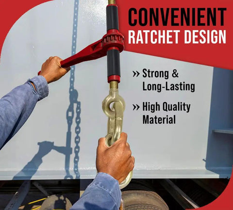Four Pack Ratchet Chain Binders With Rubber Grips For Flatbed Hauling, shown in use with closed body lever and G70 eye grab hooks.