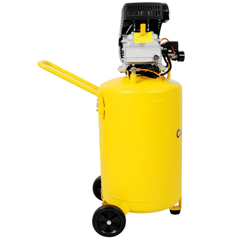 Heavy Duty 21 Gallon Vertical Air Compressor 2.5 HP 115 PSI Electric On Wheels with yellow tank and handle, oil lubricated pump.