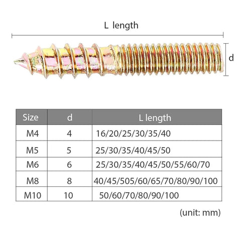 15 Pieces M8 Double Headed Hanger Bolts Yellow Zinc Plated Dowels Self Tapping Screws For Wood Furniture M8x80mm chart