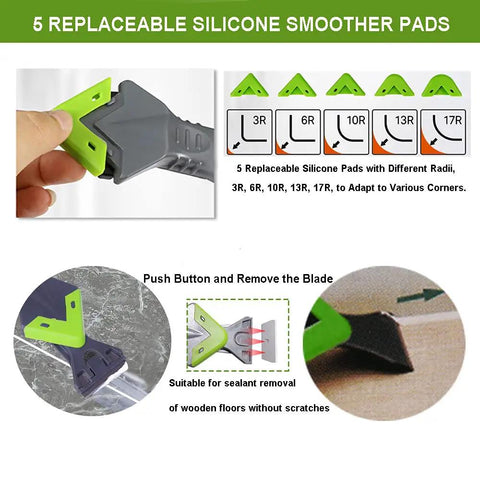 Five In One Caulk Remover Tool with stainless head showing 5 replaceable silicone smoother pads for silicone sealant removal