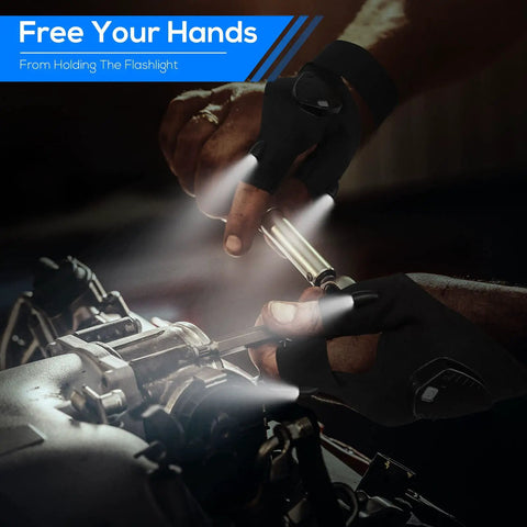 Led Flashlight Gloves Rechargeable Hands Free Light For Fishing Camping Repairs And DIY Projects Must Have Gift For Men Dad Boyfriend Christmas Stocking Stuffers White Elephant Gifts. Hands repairing engine with illuminated gloves showing practical use.